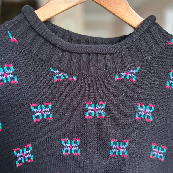 Vintage Stefano 80s Sweater Mini Dress Black with Pattern Roll Neck One Size - Picture 4 of 7